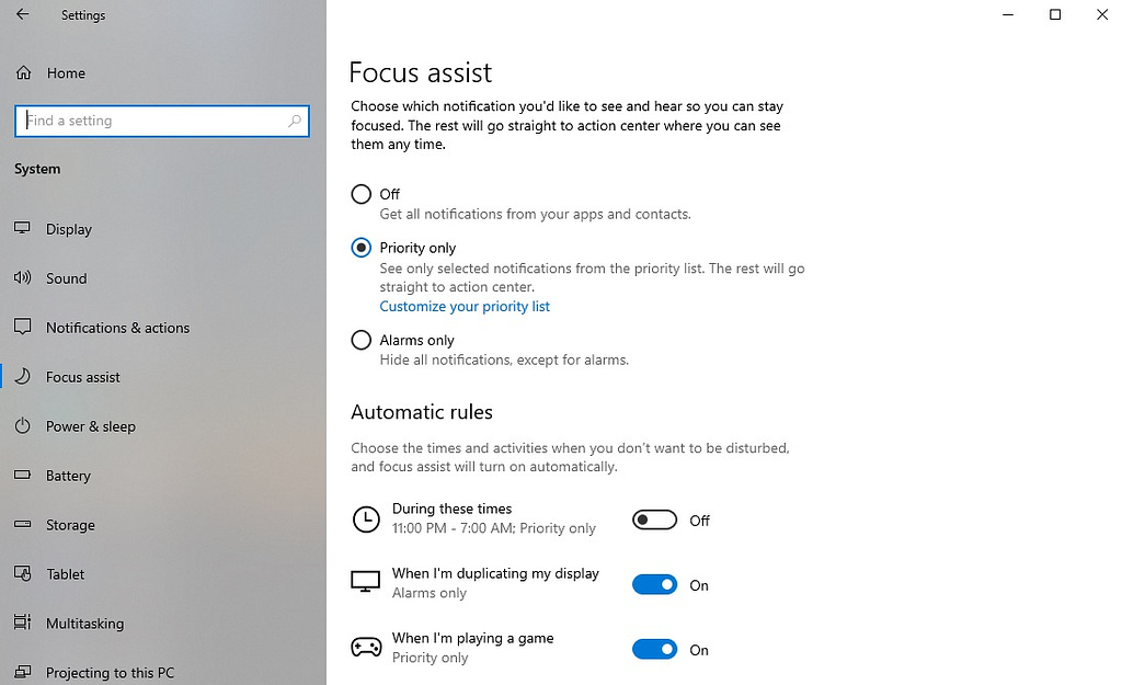 Focus assist to Turn Off Windows 10 Notifications