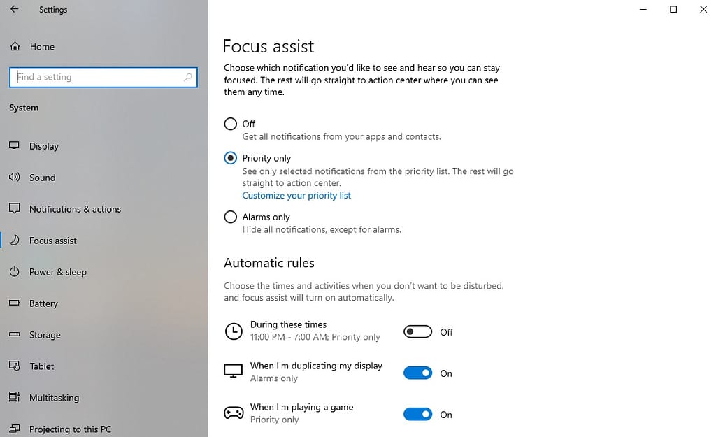Focus assist to Turn Off Windows 10 Notifications